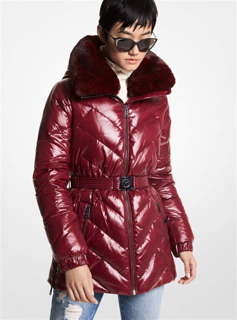 michael kors belted faux fur trim down puffer coat|Faux Fur Trim Chevron Quilted Nylon Belted Puffer Coat.